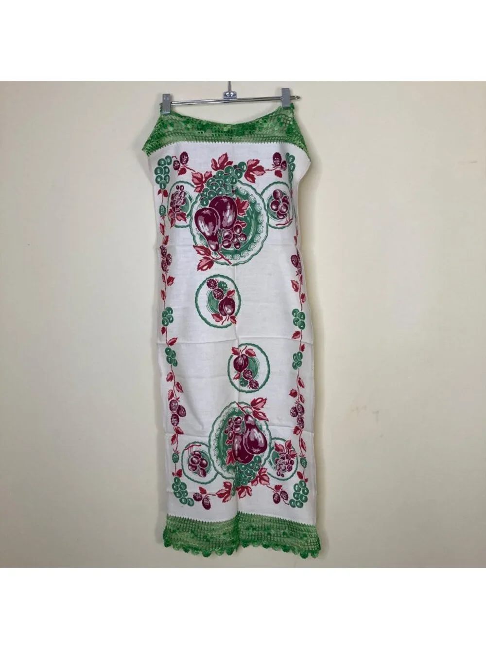 Vintage Table Runner Floral Fruit Crocheted Trim Green Purple Dresser Flaws